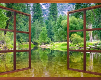 Wall mural window, self adhesive, forest window view-4 sizes available-Merced River-Yosemite-perfect gift