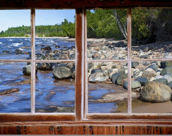 Wall mural window, self adhesive, Michigan Pictured Rocks beach- window view-3 sizes available-perfect gift