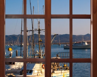 Wall mural window, self adhesive, Big Sur window view-large 24x36-Morro Bay boat-perfect gift