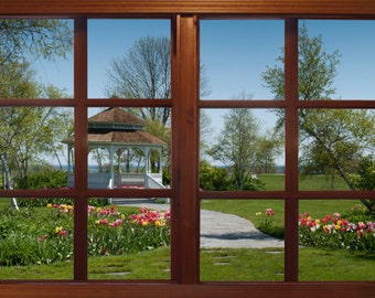 Wall mural window, self adhesive, gazebo garden, Mackinac window view-3 sizes available-perfect gift