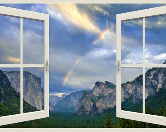 Yosemite Rainbow Window View Wall Decal, Faux Frame Mural