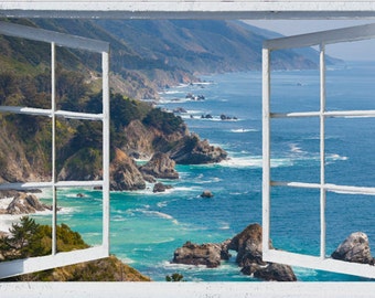 Wall mural window, self adhesive -California open window view-4 sizes available-Big Sur-office decor