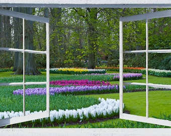 Wall mural window, self adhesive -Holland, open window view-3 sizes available-Spring Garden Path