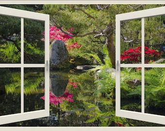 Wall mural window-self adhesive-Zen Blooming Garden window view-4 sizes available-perfect gift
