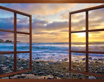Wall mural window, self adhesive -open window view-3 sizes available-Pacifica Beach, California