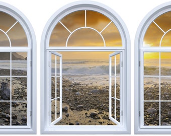 Rockaway Beach View Decal, Faux Window Wall Art, California Scene (3 Piece Set)