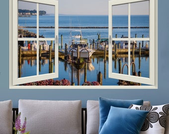Marina View Window Decal, Chesapeake Beach Mural, Faux Window Frame