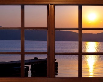 Wall mural window, self adhesive, Michigan window view-3 sizes available-Lake Sunset-perfect gift