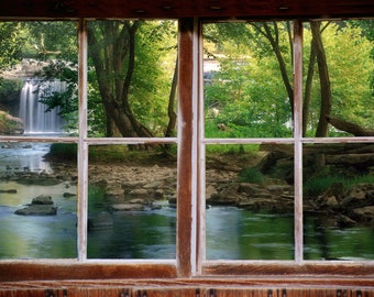 Waterfall Window View Wall Mural, Self Adhesive Vinyl Decal