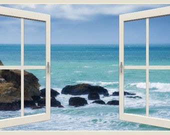 California Coast Window View Wall Mural, Self Adhesive Photo Decal
