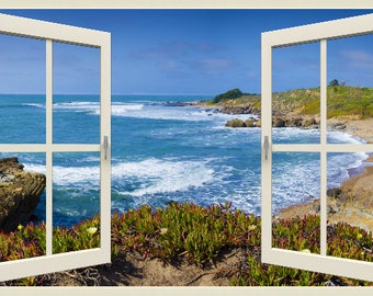 Wall mural window, self adhesive, California open window view-3 sizes available-Big Sur beach-perfect gift