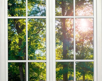 Wall mural window, self adhesive, sun filtering through trees and meadow-vertical