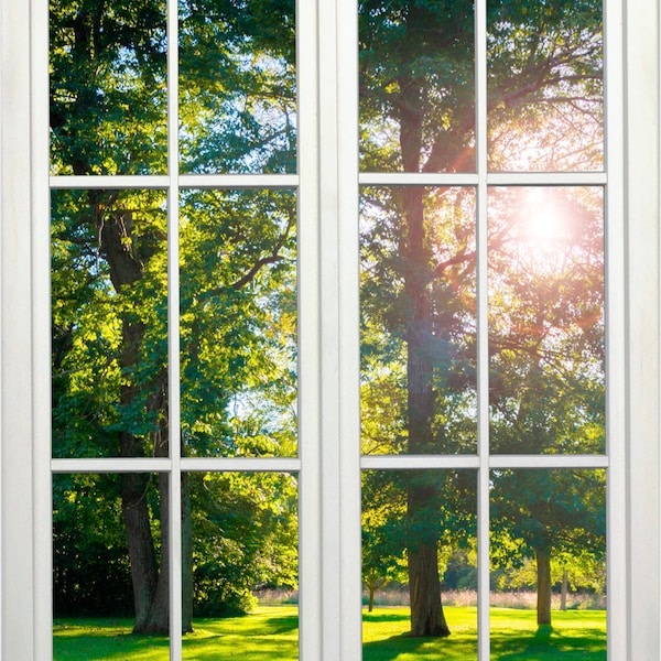 Wall mural window, self adhesive, backlit trees and meadow-vertical