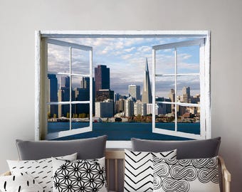 Wall mural open window, self adhesive, San Francisco skyline window view-3 sizes available-perfect gift