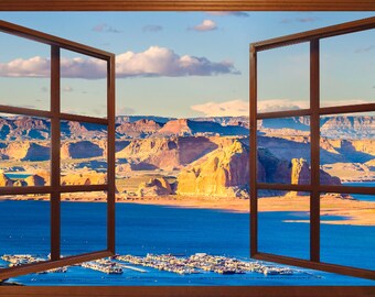 Wall mural window, self adhesive -open window view-3 sizes available-Lake Powell-Nevada-office decor