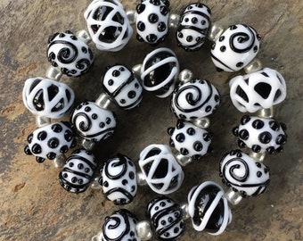 Lampwork Glass Bead Set - Black and White Textures
