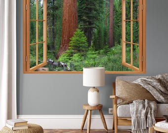 Wall mural window, self adhesive, forest window view-4 sizes available-Mariposa Grove-California-redwoods- Oak Frame