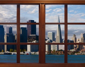 Wall mural window, self adhesive, San Francisco skyline window view-3 sizes available-perfect gift