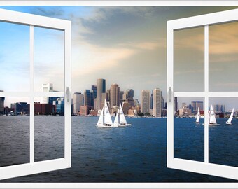 Wall mural window, self adhesive, open window view-3 sizes available-Sailing Boston Harbor-v2-perfect gift