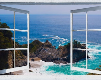 Wall mural window, self adhesive, California open window view-3 sizes available-Big Sur coast-perfect gift