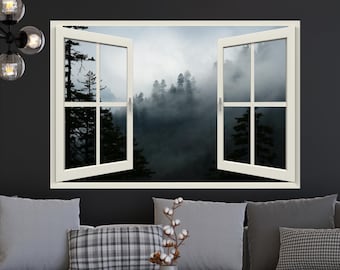 Smoky Mountain Faux Window Wall Decal – Foggy Mountain View Wall Mural