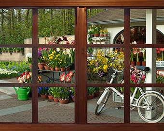 Wall mural window, self adhesive, Amsterdam Flower Shop with Bike window view-3 sizes available
