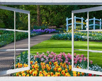 Dutch Garden Window View Wall Mural, Self-Adhesive