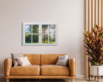 Canvas Wrap - View Of Window Frame With Sun Shining Through Lush Trees In A Meadow
