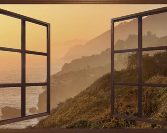 Wall mural window, self adhesive, Golden Big Sur Cliffs window view-4 sizes available