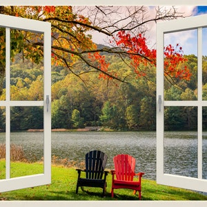 Wall mural window, self adhesive, mountain lake window view-4 sizes available- Autumn at Peaks of Otter on Blue Ridge Parkway, Virginia