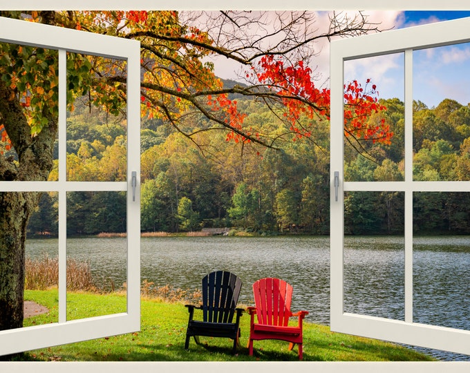 Featured listing image: Autumn Lake View Wall Mural, Faux Window Decal