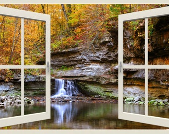 Waterfall Window View Wall Mural, Self Adhesive Photo Decal