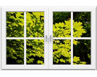 Wall mural window, self adhesive, green leafy branch--perfect gift