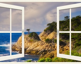 Wall mural window, self adhesive -California open window view-4 sizes available-Point Lobos-office decor