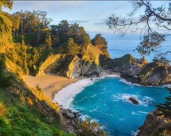 Wall mural, self adhesive, California landscape-4 sizes available-Big Sur, McWay Falls with Palm-perfect gift