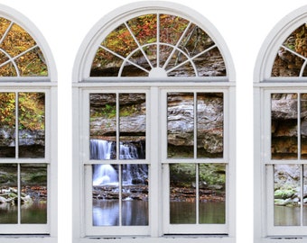 Waterfall Window View Wall Decal, Autumn Forest, 3-Piece Set