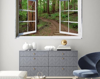 Redwood Forest Window View Wall Mural, Self Adhesive Decal