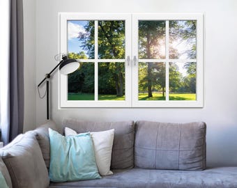 Wall mural window, self adhesive, sun filtering through trees and meadow-4 sizes available-