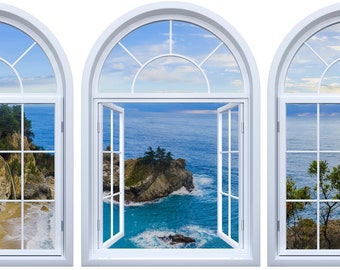 Big Sur McWay Falls View, Self Adhesive Wallpaper, Fake Window Decal - 3 Piece Set