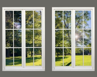 Faux Window Wall Mural, Sunlit Trees Meadow View, Set of 2