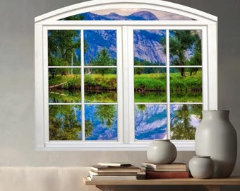 Wall mural window, self adhesive, Merced river-Yosemite -arched window frame-3 sizes available-perfect gift