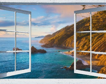 Wall mural window, self adhesive, California open window view-3 sizes available-Big Sur Sunset-perfect gift