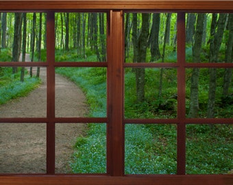 Wall mural window, self adhesive, path thru the woods window view- 3 sizes available-perfect gift
