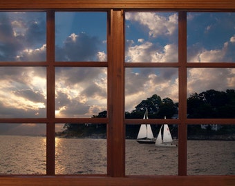 Wall mural window, self adhesive, Salem sunset sailing window view-3 sizes available- Sailing-perfect gift