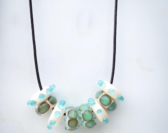 Aqua and Sand- Lampwork Glass Big Hole Bead Set