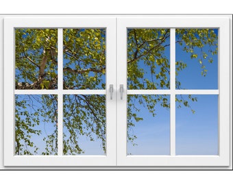 Wall mural window, self adhesive, tree branch and blue sky--perfect gift