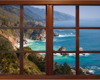 Wall mural window, self adhesive, Big Sur window view- 4 sizes available-perfect gift