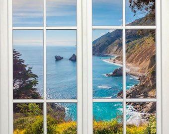 Wall mural window, self adhesive, ocean window view-vertical-California Coastal Cliffs 2