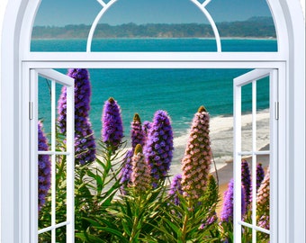 Wall mural window, self adhesive, Stinson Beach -vertical curved window frame