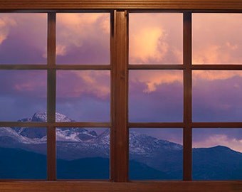 Wall mural window, self adhesive, Colorado window view-3 sizes available-Longs Peak Sunset-perfect gift